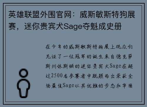 英雄联盟外围官网：威斯敏斯特狗展赛，迷你贵宾犬Sage夺魁成史册